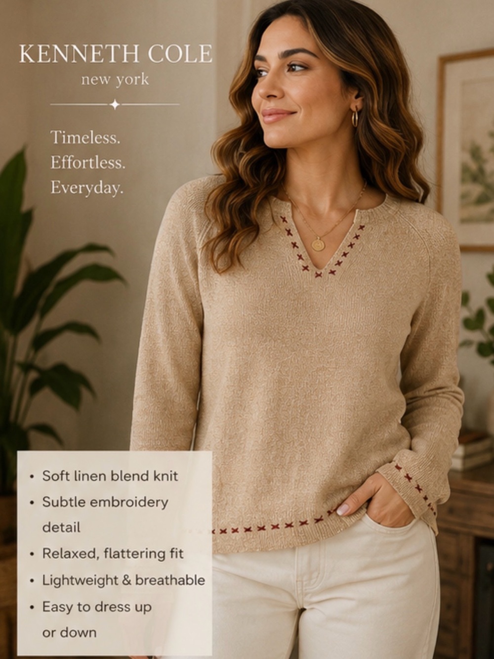 Kenneth Cole New York Linen Blend Oatmeal V Neck Sweater Embroidered Stitch S